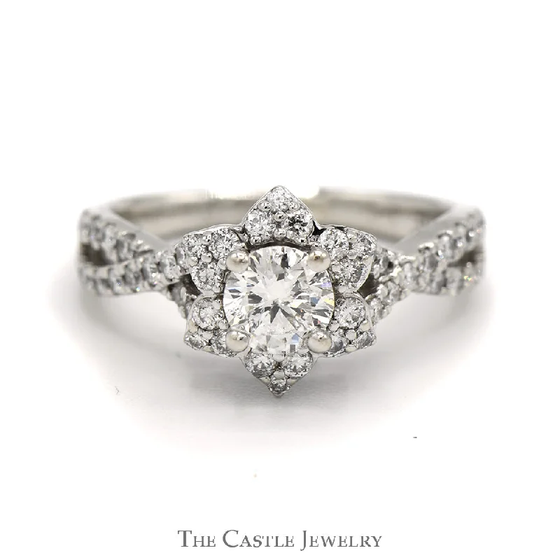 Custom Name Ring-1cttw Round Diamond Flower Cluster Engagement Ring in 14k White Gold