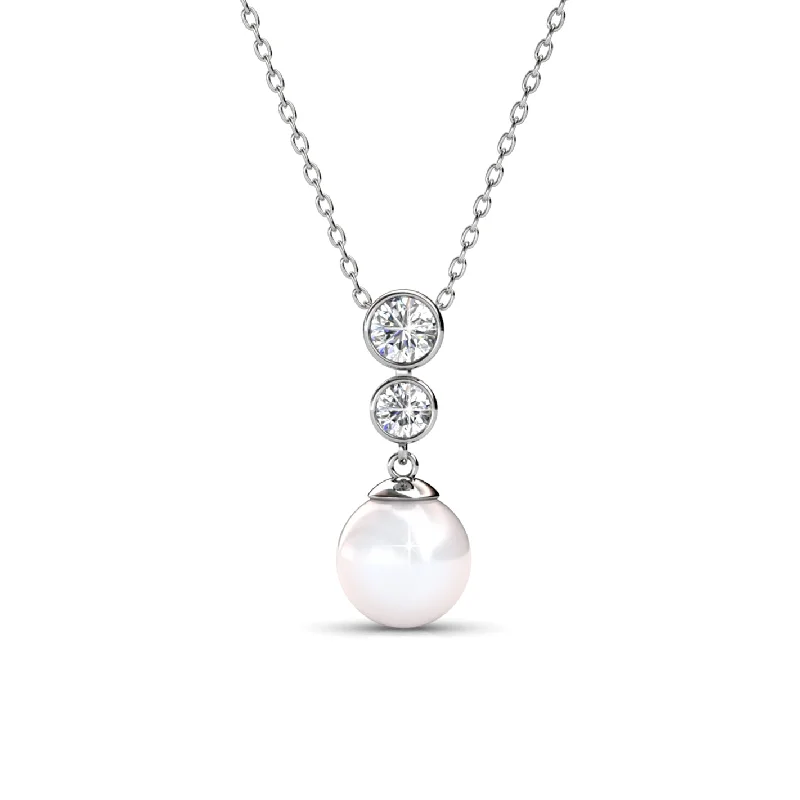 Long Gold Necklace-Genevieve 18k White Gold Plated Pearl Pendant Necklace with Swarovski Crystals