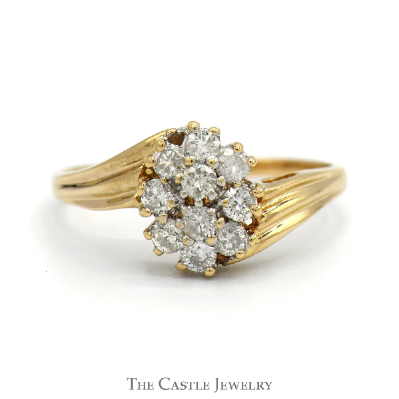 Platinum Engagement Ring-Oval Shaped 1/2cttw Diamond Cluster Ring in 14k Yellow Gold Bypass Mounting