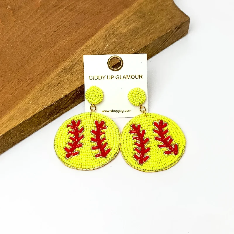 Handmade Dangle Earrings-Softball Circular Beaded Earrings in Yellow