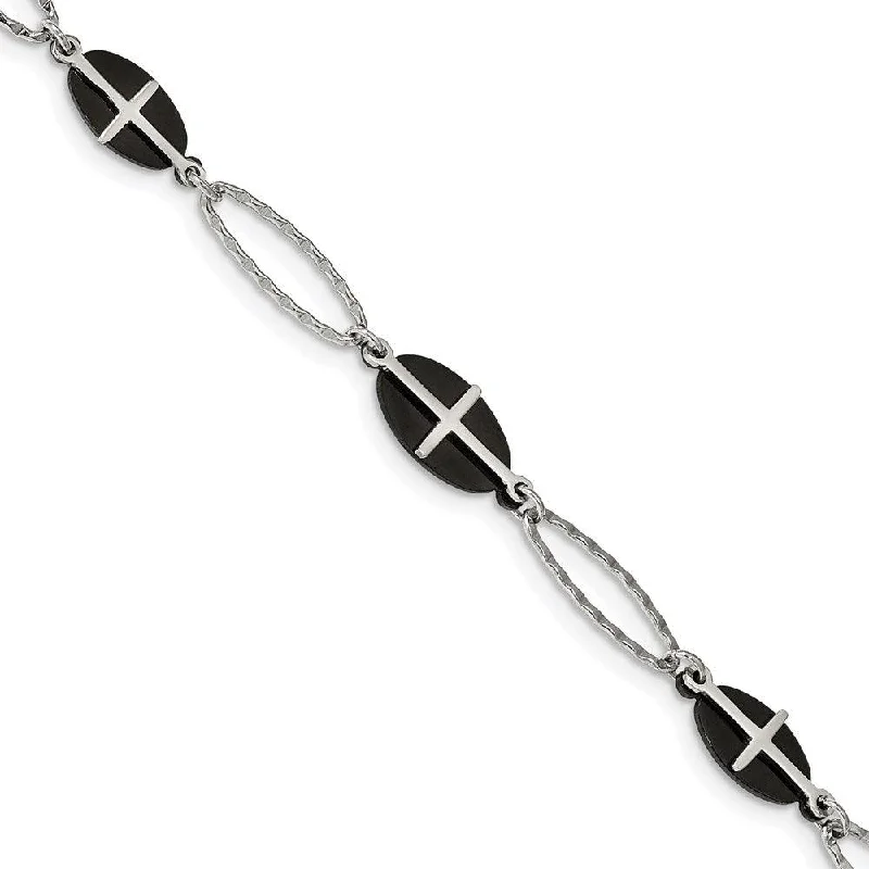 Leather Bracelet for Men-Stainless Steel Polished Black IP-plated 7in w/1in ext. Cross Bracelet