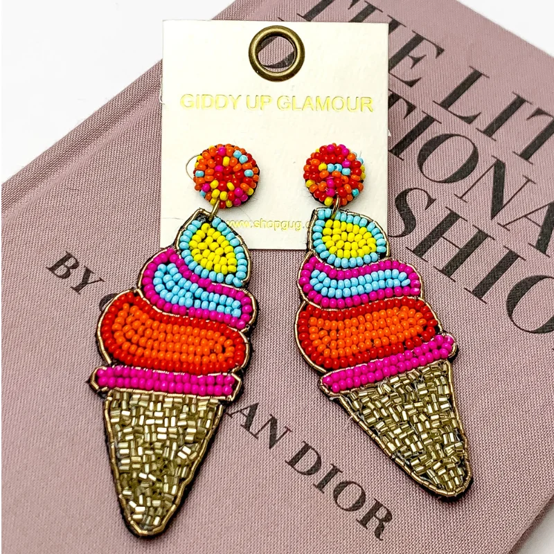 Lightweight Hoop Earrings-Multi-Color Beaded Ice Cream Cone Earrings in Gold Tone