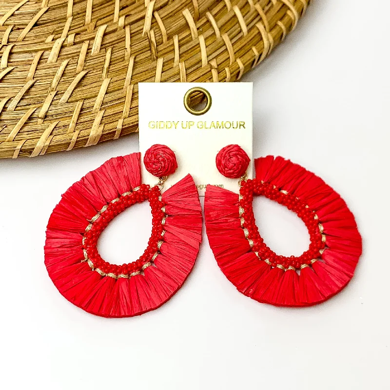 Pearl Earrings for Bride-Siesta Sunsets Raffia Wrapped Open Teardrop Earrings in Red