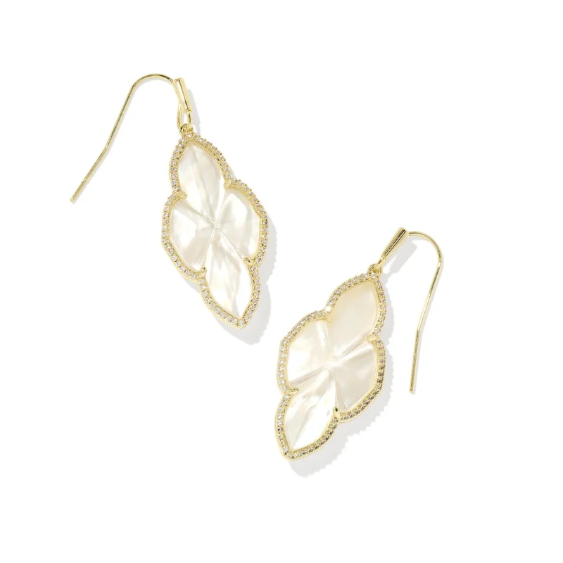 Beaded Earrings for Weddings-Kendra Scott | Abbie Pave Frame Gold Drop Earrings in Ivory Mother Of Pearl