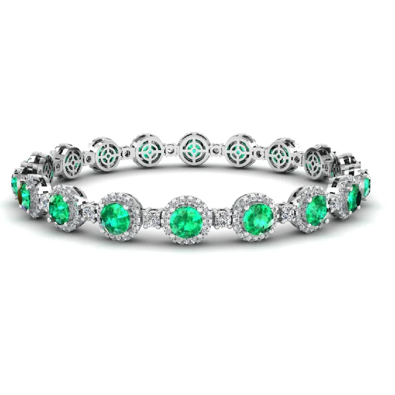 Simple Tennis Bracelet with Gems-Round Brilliant Shape 8.5 Carat Emerald Gem Featuring Diamond Halo Bracelet BRHARBE