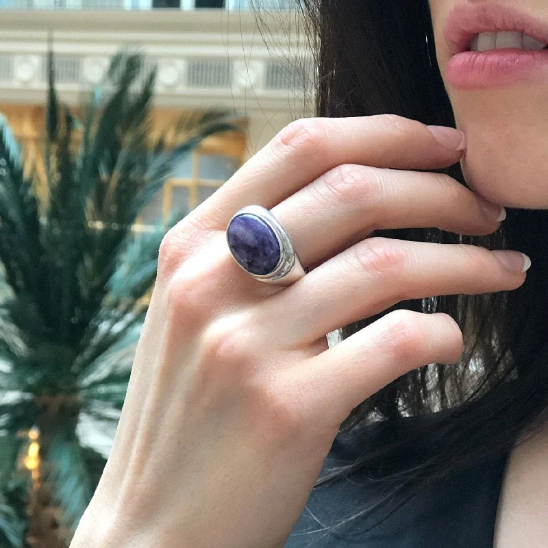 Classic Wedding Ring Set-Charoite Ring - Purple Statement Ring - Oval Cocktail Ring