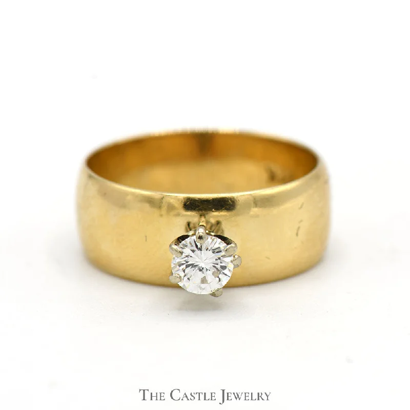 Designer Gold Ring-.33ct Round Diamond Solitaire Ring with Wide 7mm Band in 14k Yellow Gold