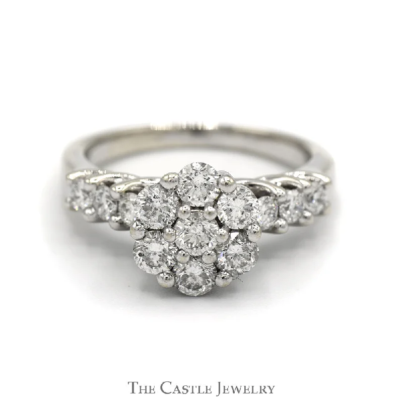 Bold Engagement Ring-2cttw 7 Diamond Flower Cluster with Diamond Accented Sides in 14k White Gold