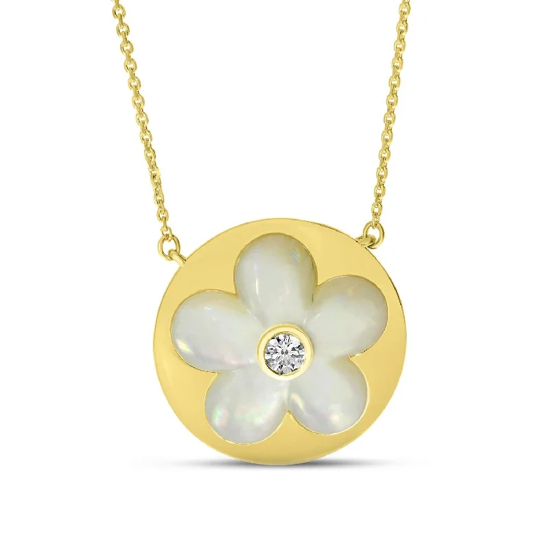 Boho Pendant Necklace-14K Yellow Gold 0.07ct. Diamond Mother of Pearl Floral Necklace