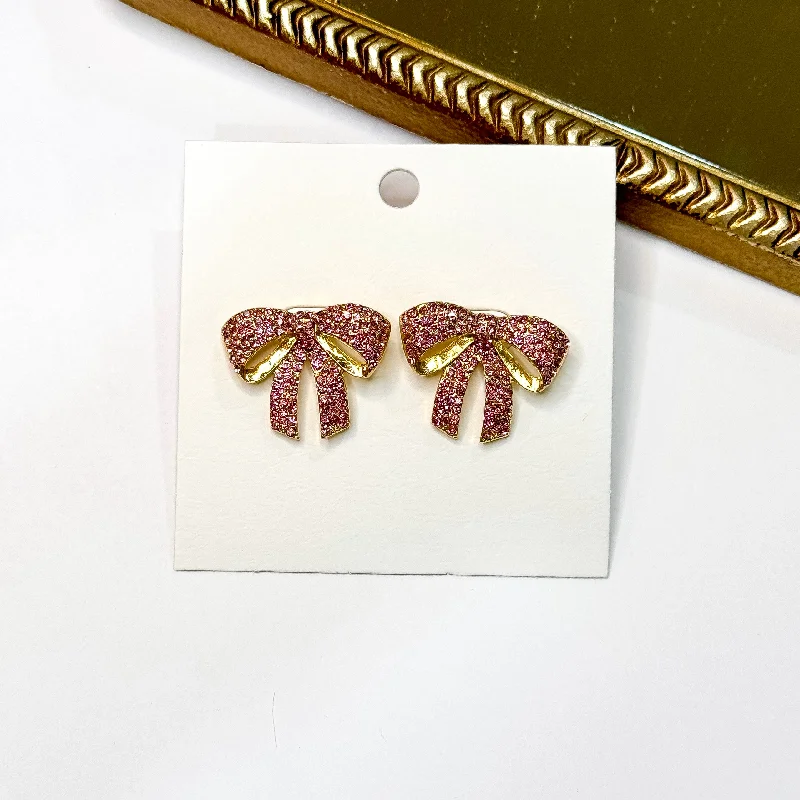 High-Quality Diamond Earrings-Twinkling Treasure Gold Tone Pink Rhinestone Bow Stud Earrings