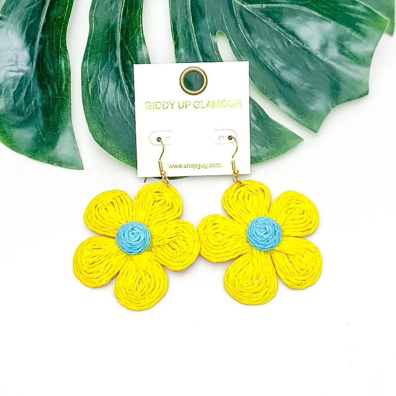 Statement Earrings for Evening-Darling Daisy Raffia Wrapped Flower Earrings in Yellow