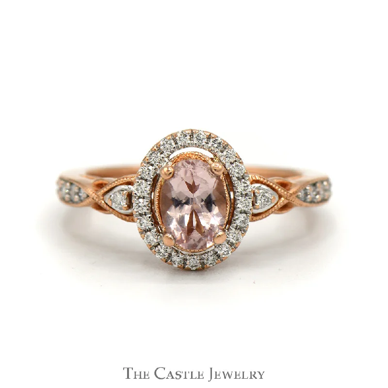 Elegant Gold Engagement Ring-Oval Morganite Ring with Diamond Halo and Accented Sides in 10k Rose Gold