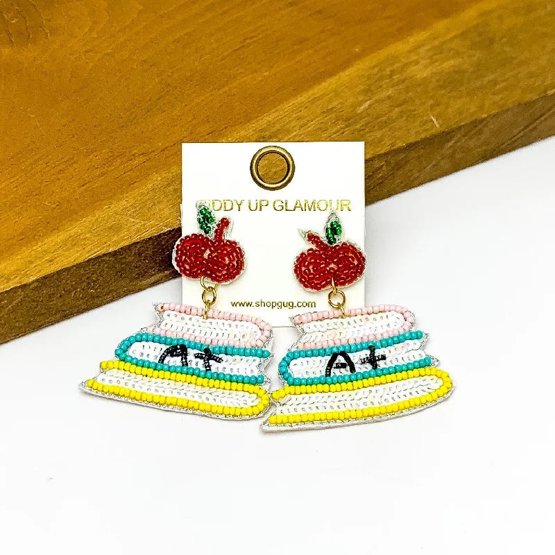 Small Gold Hoop Earrings-Stacked Books With Apple Post Earrings in Multicolor