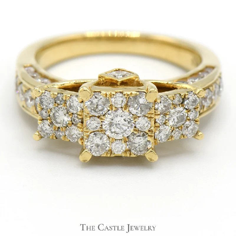 Classic Ring for Women-Triple Diamond Cluster Engagement Ring with Diamond Accents in 10k Yellow Gold