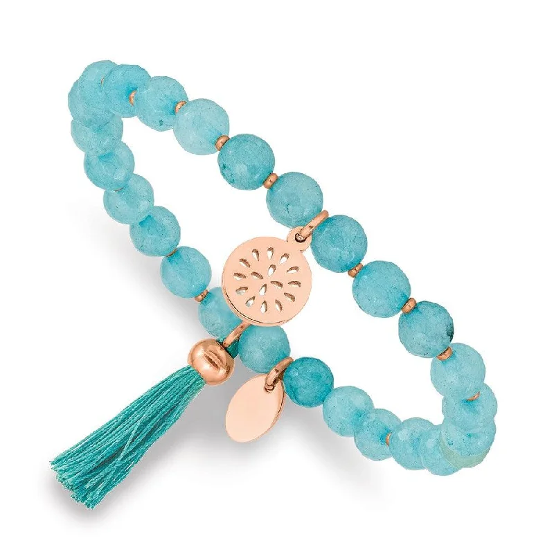 Stunning Gemstone Bracelet-Stainless Steel Polished Rose IP w/Tassel Mint Jade Stretch Bracelet