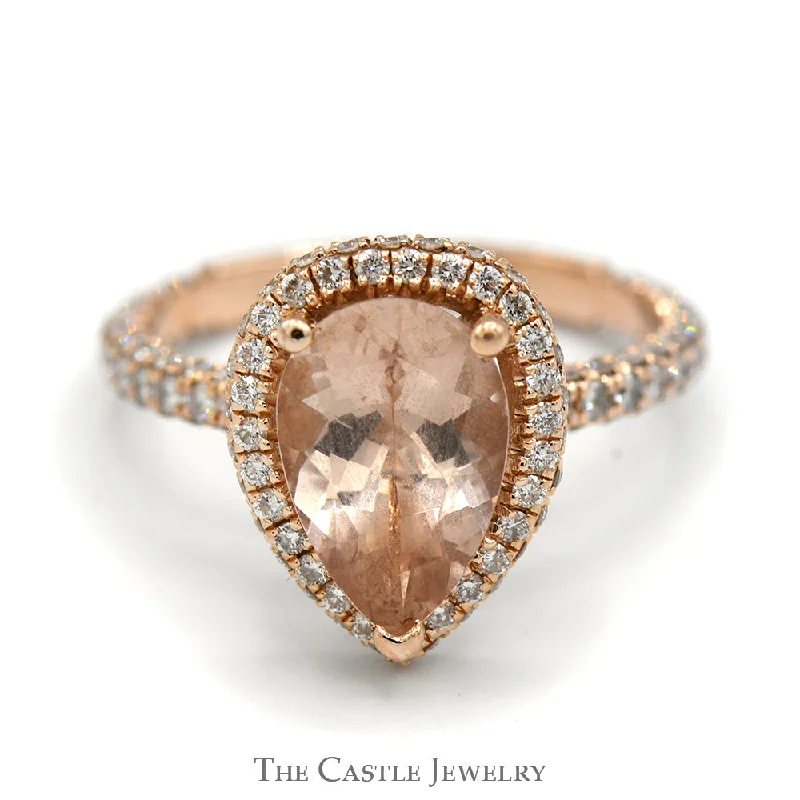 Modern Silver Wedding Band-Pear Cut Morganite Ring with Diamond Halo and Accented Sides in 14k Rose Gold