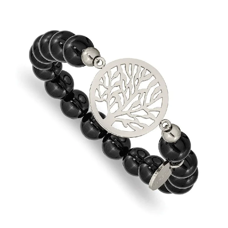 Luxury Gold Bracelet-Stainless Steel Polished tree of Life Black Agate Beaded Stretch Bracelet