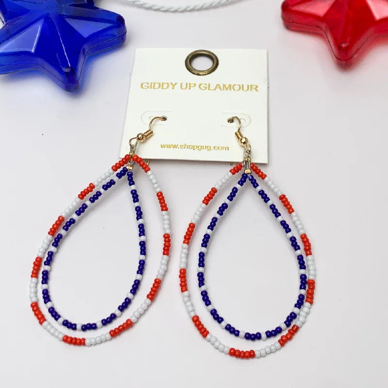 Elegant Long Earrings-Red, White, and Beads USA Double Open Teardrop Earrings