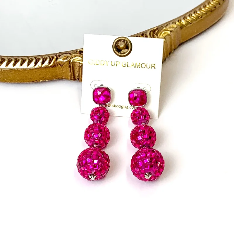 Trendy Earrings for Girls-Cushion Crystal Post Disco Ball Dangle Earrings in Fuchsia Pink