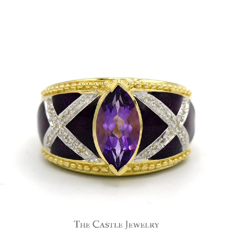 Trendy Wedding Rings-Marquise Shaped Amethyst Ring with Diamond Accented Purple Enamel Sides in 14k Yellow Gold