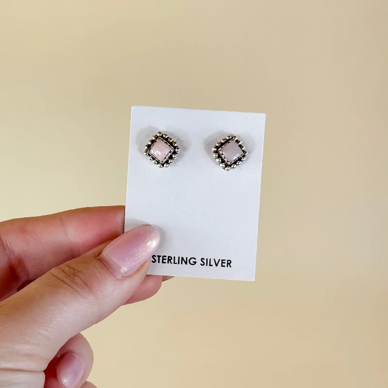 Diamond Stud Earrings-Hada Collection | Handmade Sterling Silver Square Pink Opal Stud Earrings