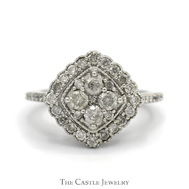 Dainty Engagement Ring-1cttw Round Diamond Cluster Ring with Diamond Halo and Accented Sides in 10k White Gold