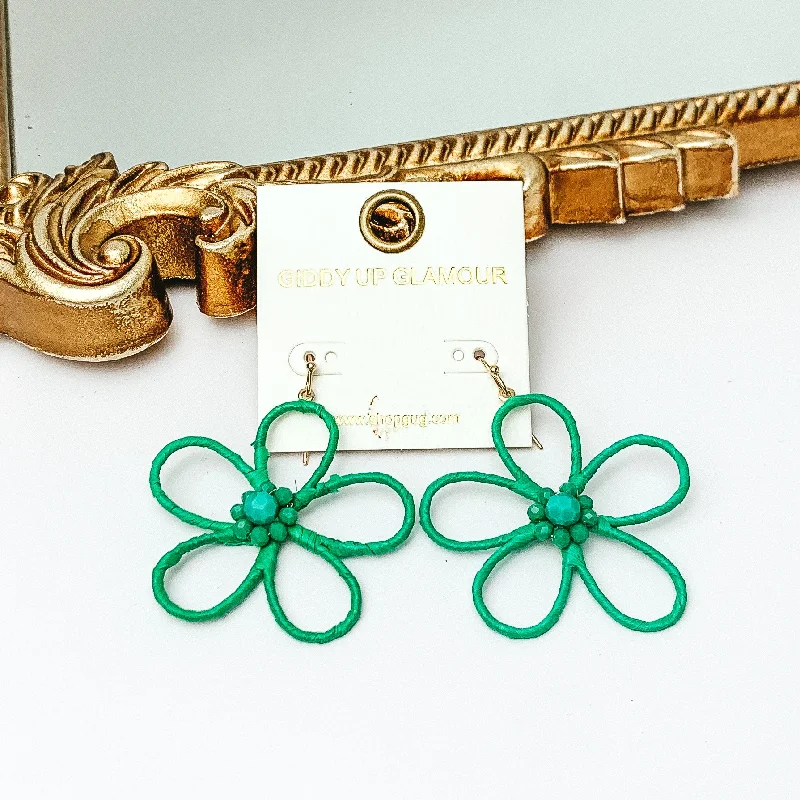 Cute Animal Earrings-Daisy Delight Raffia Wrapped Flower Earrings with Crystal Center in Kelly Green