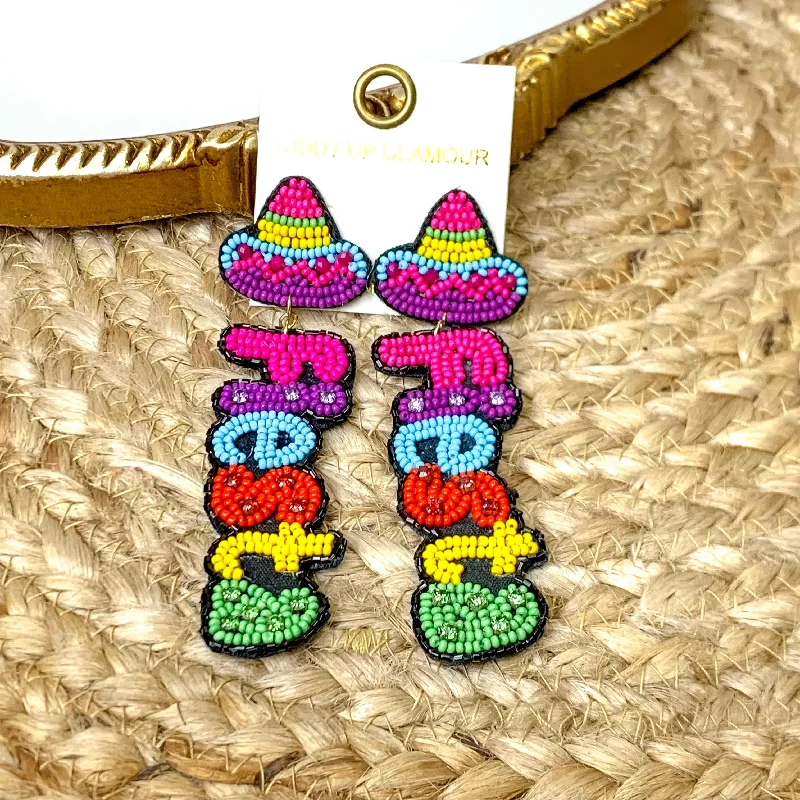 Round Hoop Earrings-Sombrero Fiesta Seed Beaded Earrings in Multicolored