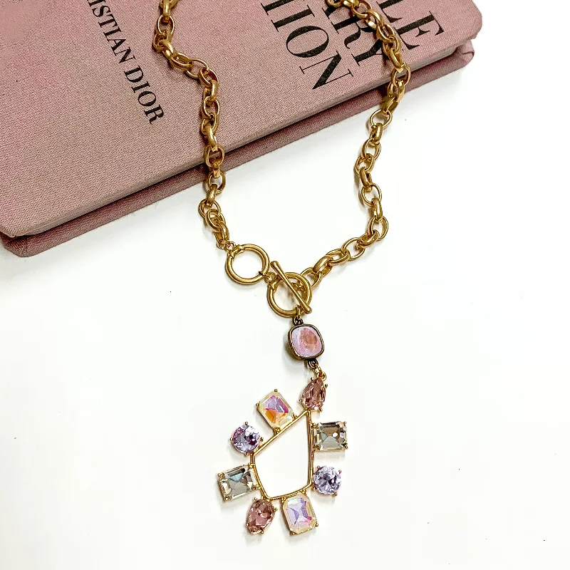 Cute Pearl Earrings-Pink Panache | Gold Tone Chain Necklace with a Lavender Crystal Drop and Multicolor Crystal Teardrop Pendant