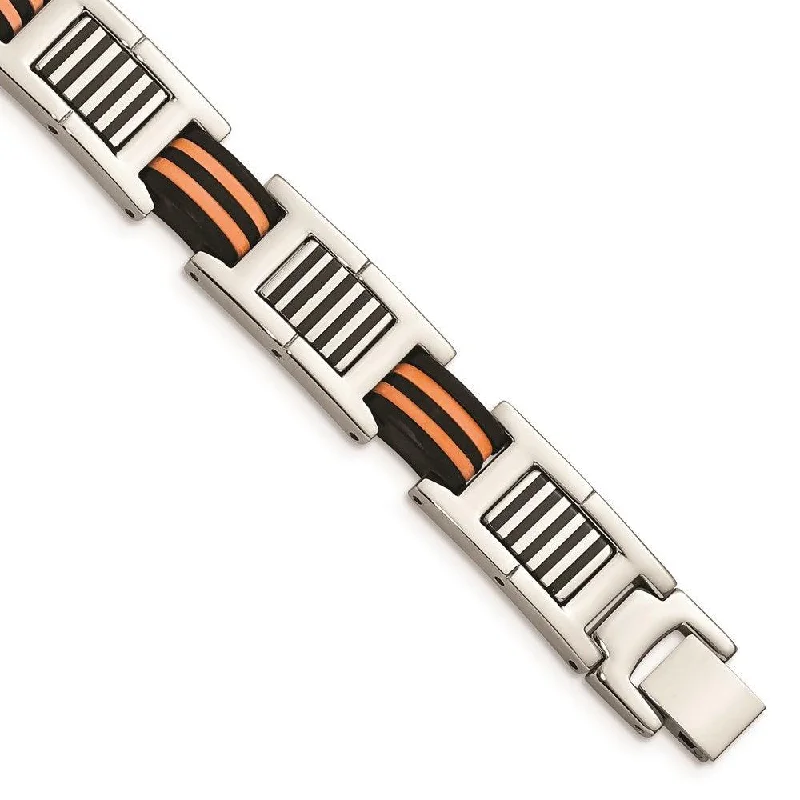 Sparkling Tennis Bracelet-Stainless Steel Orange and Black Rubber Polished Bracelet