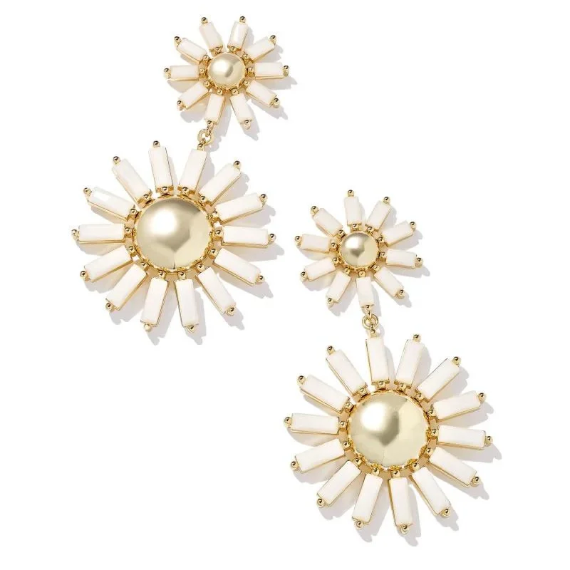 Crystal Earrings for Women-Kendra Scott | Madison Daisy Gold Statement Earrings in White Opaque Glass