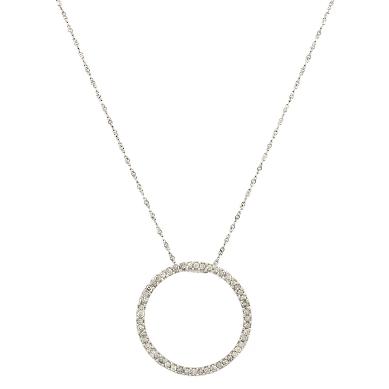 Boho Style Necklace-Vintage 0.25ctw Diamond Open Circle Halo Pendant | 14k White Gold Necklace 16"