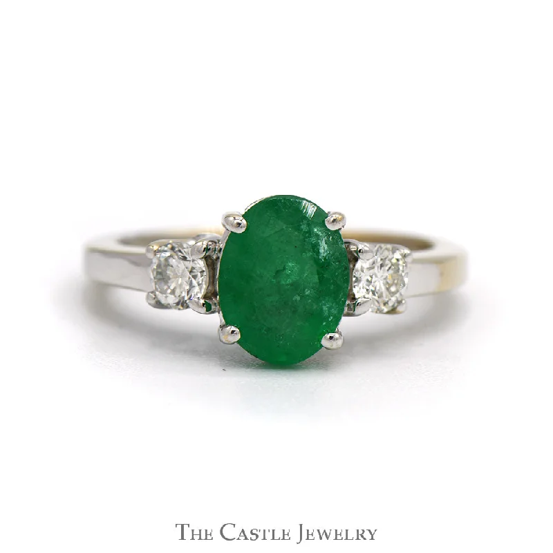 Elegant Wedding Ring for Bride-Oval Cut Emerald Ring with Diamond Accented Sides in 18k White Gold