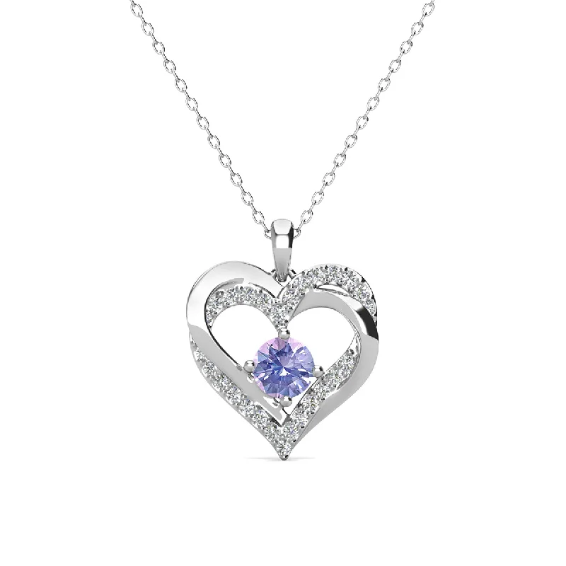 Sapphire Necklace for Women-Forever June Birthstone 18k White Gold Plated Silver Double Heart Diamond Necklace with Swarovski Crystals