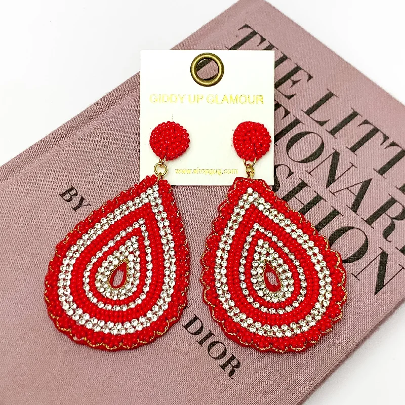 Luxury Wedding Earrings-Sound Wave Beaded Teardrop Earrings with Clear Crystals in Red