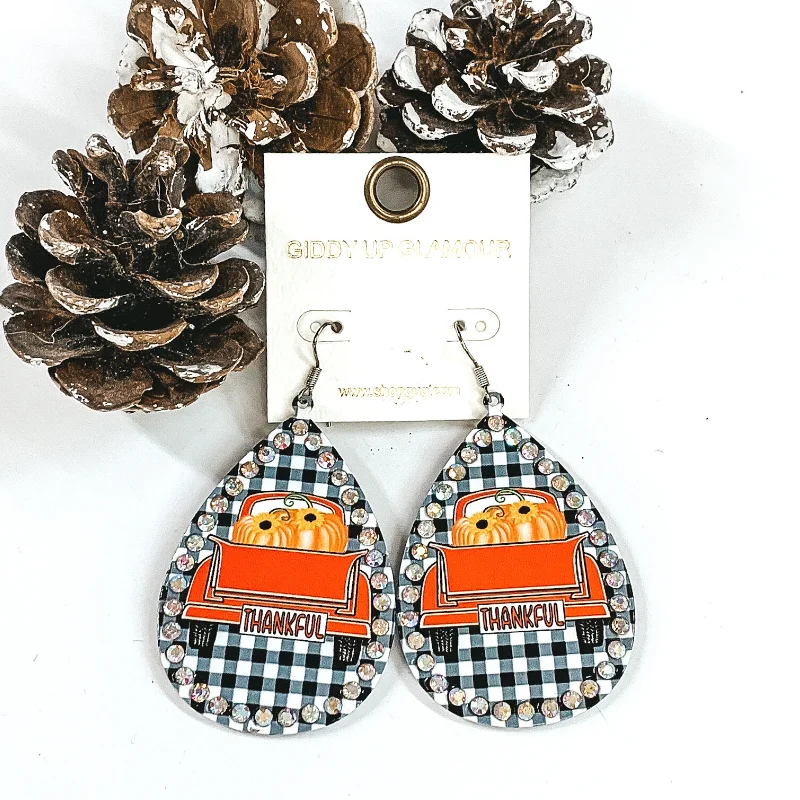 Fashion Earrings for Women-Thankful Fall Teardrop Earrings in White Buffalo Plaid