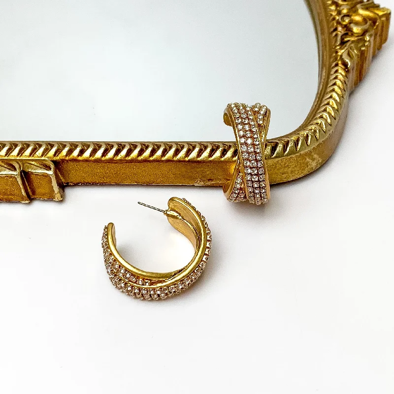 Retro Earrings for Women-Crossing Paths Gold Tone Hoop Earrings With Clear Crystals