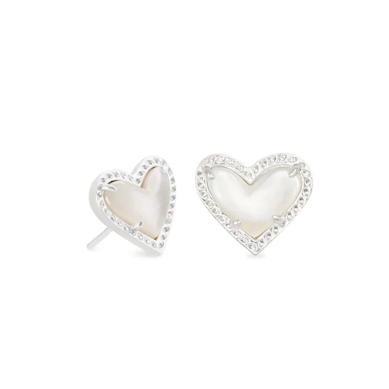 Lightweight Hoop Earrings-Kendra Scott | Ari Heart Silver Stud Earrings in Ivory Mother of Pearl