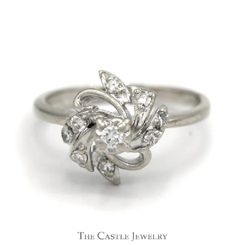 Classic Platinum Wedding Ring-Vintage Floral Engagement Ring with Round Brilliant Cut Center & Single Cut Accents