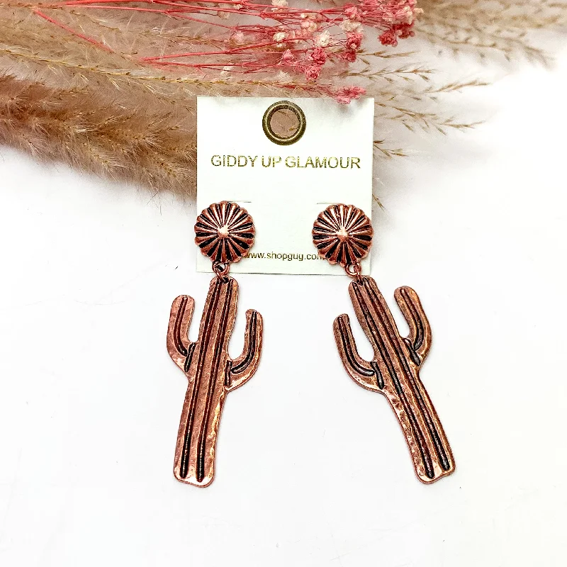 Stylish Hoop Earrings-Country Cactus Copper Tone Earrings