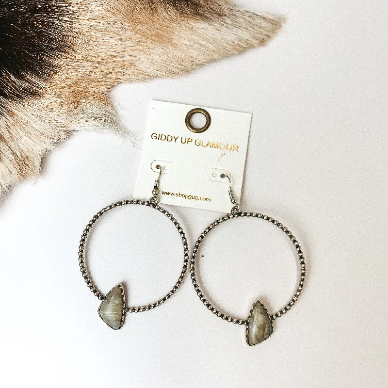 Boho Hoop Earrings-Silver Tone Textured Hoop Earrings with Natural Stone