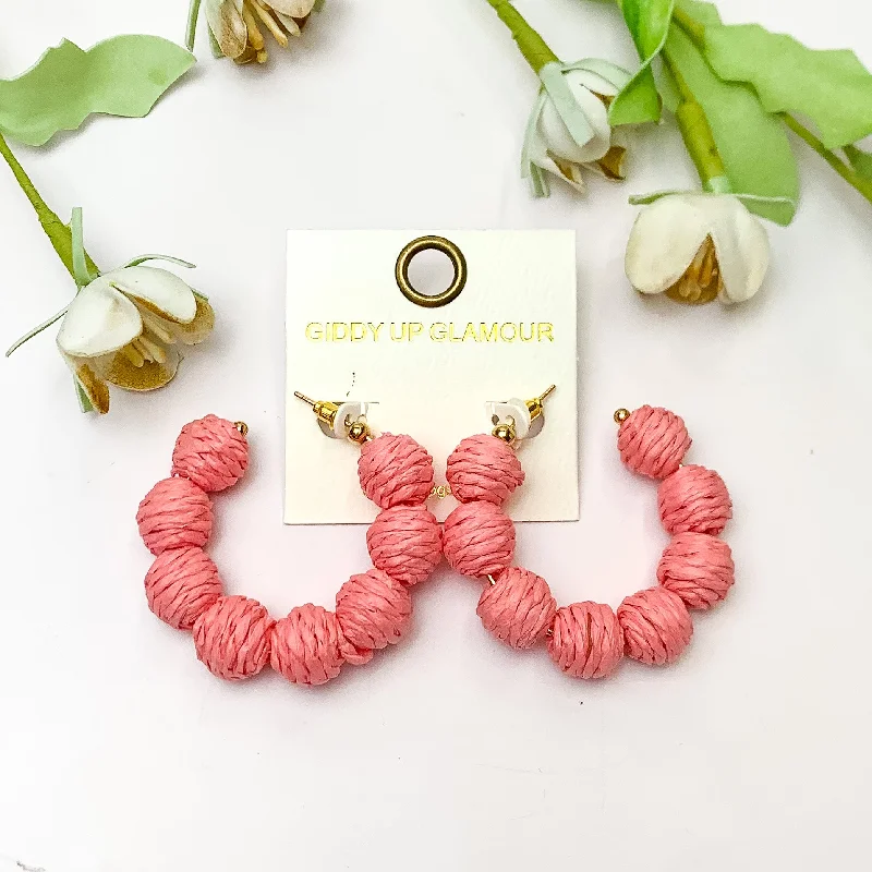 Trendy Earrings for Girls-Sorbet Summer Raffia Ball Hoop Earrings in Pink