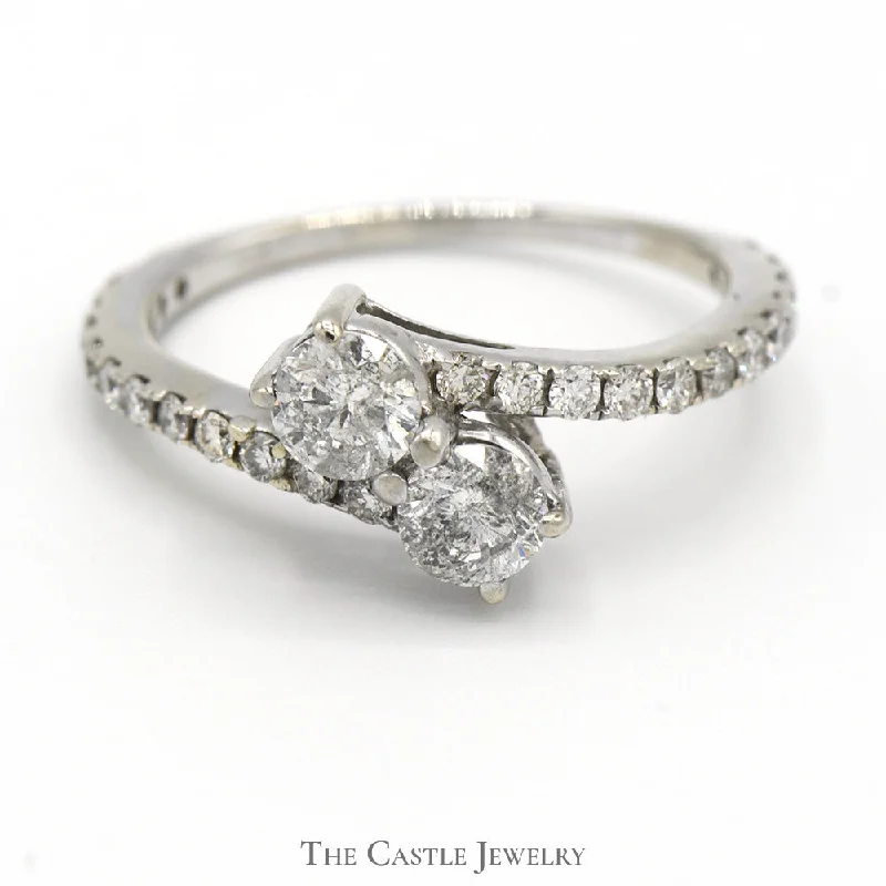 Heart Shaped Engagement Ring-3/4cttw Double Diamond Bypass Ring with Round Diamond Accents in 14k White Gold