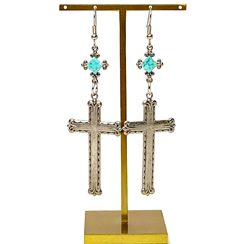 Designer Earrings for Women-Heavenly Harmony Silver Tone Cross Drop Earrings with Faux Turquoise Accents