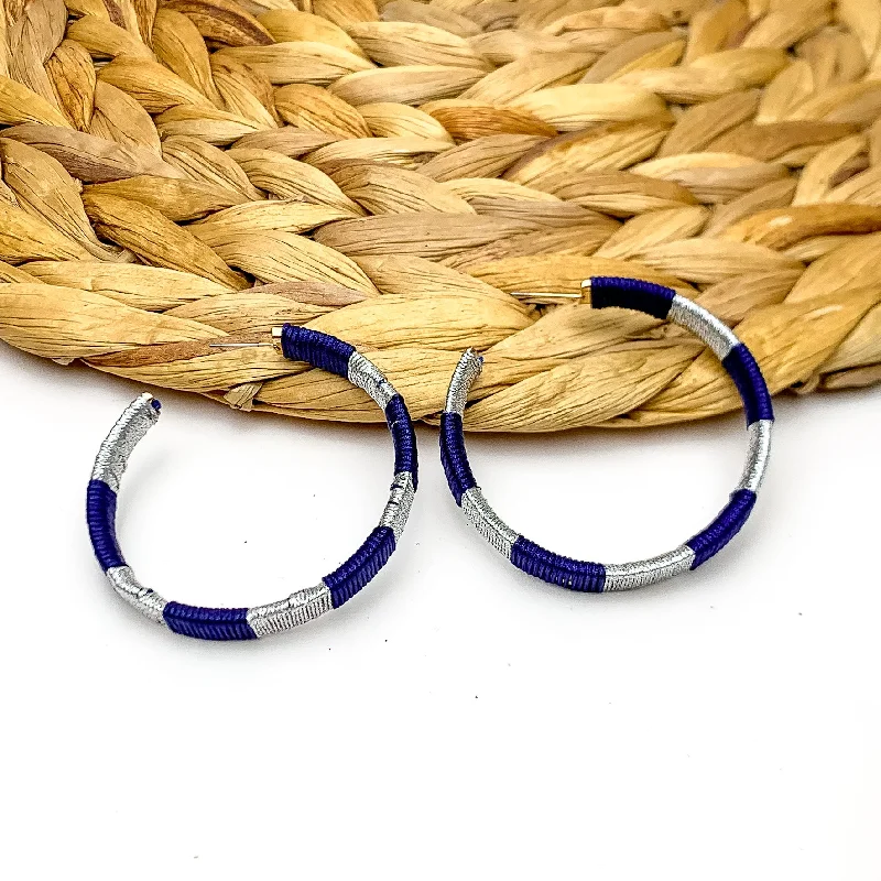 Designer Earrings for Women-Game Day Glam Colored Hoop Earrings in Navy and Silver