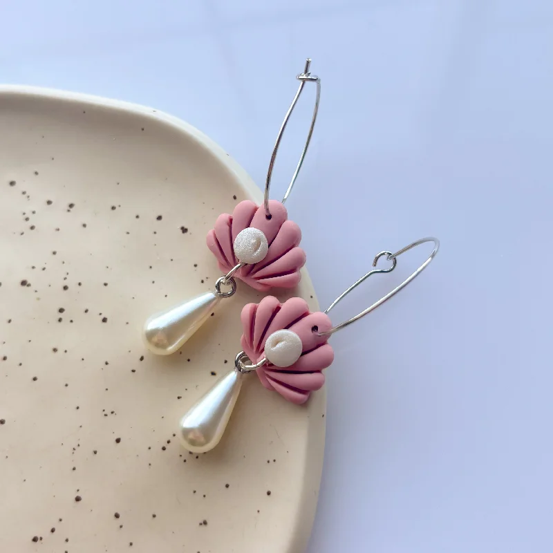 Luxury Drop Earrings-PEARL SEASHELL BLUSH HOOP EARRINGS