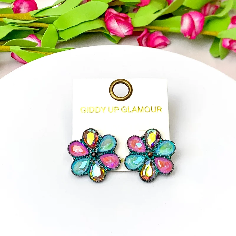 Small Gold Hoop Earrings-Petal Perfection Patina Tone Flower Stud Earrings in Pink and Turquoise