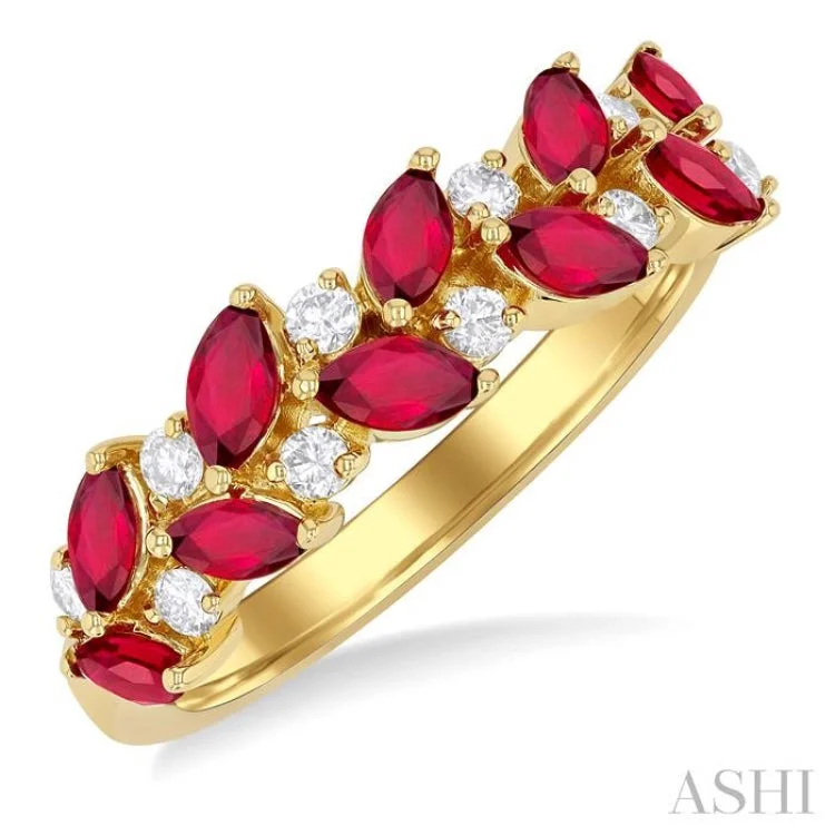 Stunning Engagement Ring-1/5 ctw Leafy 4X2MM Marquise Cut Ruby and Round Cut Diamond Precious Band in 14K Yellow Gold