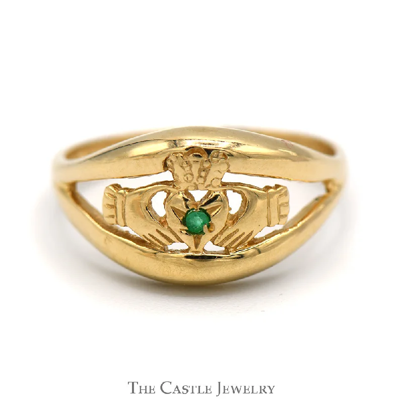 Classic Engagement Ring for Women-Round Cut Emerald Claddagh Ring in 14k Yellow Gold