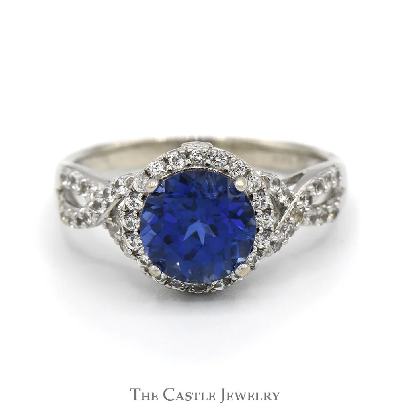 Silver Wedding Band with Diamonds-Round Created Sapphire Ring with White Sapphire Halo and Accents in 14k White Gold